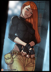 Rule 34 | 1girl, artist name, belt, black gloves, black leotard, breasts, brown belt, brown pants, covered erect nipples, fingerless gloves, ganassa, gloves, green eyes, highres, kim possible, kim possible (series), leotard, long hair, medium breasts, pants, patreon logo, patreon username, red hair, skin tight, solo, toned, toned female, watermark, web address