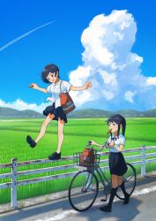 2girls bag balancing bicycle black_hair black_shoes black_skirt black_socks cloud collared_shirt commentary_request contrail cumulonimbus_cloud day field highres holding kneehighs mouth_hold multiple_girls nagare750 open_mouth original outdoors ponytail pushing_bicycle railing shirt shoes short_hair skirt sky socks summer sweat tupet walking_on_railing white_shirt