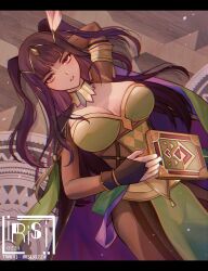 1girl absurdres arm_behind_head artist_name book breasts cleavage fingerless_gloves fire_emblem gloves highres large_breasts long_hair lying nintendo parted_lips pink_lips red_eyes seductive_gaze solo teeth tharja_(fire_emblem) twintails