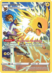 Rule 34 | artist name, blue oak, blue sky, brown eyes, brown hair, card (medium), character name, cloud, company name, copyright name, copyright notice, day, domu (hamadura), eevee, electricity, english text, gen 1 pokemon, grey pants, holding, holding poke ball, jewelry, jolteon, long sleeves, necklace, nintendo, official art, open mouth, pants, pointing, poke ball, poke ball (basic), pokemon, pokemon (creature), pokemon card, pokemon tcg, purple shirt, shirt, short hair, sky, smile, spiked hair, standing, third-party source, trading card