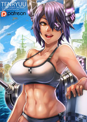 10s 3girls :d abs aircraft airplane armpits artist_name bare_arms bikini blonde_hair blue_sky breasts brown_eyes character_name cleavage collarbone colored_eyelashes covered_erect_nipples cowboy_shot cruiser day eyepatch glint hair_between_eyes hairband halo headgear kantai_collection large_breasts looking_to_the_side machinery mechanical_halo military military_vehicle multiple_girls muscular muscular_female navel neckerchief open_mouth outdoors outstretched_arms patreon purple_hair school_uniform see-through_clothes serafuku shimakaze_(kancolle) ship short_hair signature skindentation sky smile standing standing_on_liquid swimsuit tatsuta_(kancolle) tatsuta_(swimsuit)_(kancolle) tenryuu_(kancolle) tenryuu_(swimsuit)_(kancolle) toned toned_female warship water watercraft watermark white_bikini zen_(jirakun)