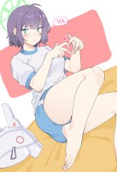 Rule 34 | 1girl, absurdres, ahoge, barefoot, blue archive, blue buruma, blue eyes, blush, breasts, buruma, closed mouth, commentary, feet, four-finger heart hands, full body, green halo, gym uniform, halo, heart, heart hands, helmet, highres, kokuya (kokuya28), looking at viewer, lying, medium breasts, on side, purple hair, saki (blue archive), short hair, sitting, solo, spoken blush, symbol-only commentary, unworn headwear, unworn helmet, v-shaped eyebrows