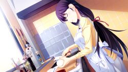 1girl apron back_bow black_hair blush bow breasts cardigan closed_eyes closed_mouth cooking cooking_oil cowboy_shot cutting_board dutch_angle from_side game_cg grisaia_(series) grisaia_no_meikyuu hair_ribbon holding holding_knife indoors kitchen knife ladle long_hair long_sleeves low-tied_long_hair medium_breasts non-web_source peeling red_ribbon ribbon sakaki_yumiko skirt solo spatula tile_wall tiles variant_set watanabe_akio white_apron white_skirt window yellow_cardigan