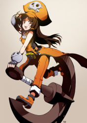 1girl :d anchor beige_background belt black_gloves breasts buckle club3 costume female_focus fingerless_gloves gloves guilty_gear hat highres looking_at_viewer may_(guilty_gear) open_mouth pirate_hat simple_background smile solo standing