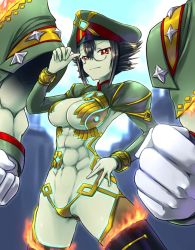 1girl abs areola_slip army_uniform boots breasts colored_skin fire glasses green_skin hand_on_own_hip large_breasts multiple_limbs muscular newt_(xenoblade) nintendo round_eyewear short_hair simple_background solo thigh_boots thighhighs xenoblade_chronicles_(series) xenoblade_chronicles_2