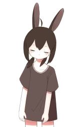 1girl ahoge animated black_hair black_shirt blinking brown_eyes ear_wiggle hair_between_eyes ic_(iccccccccc81) looping_animation low_twintails original rabbit_ears rabbit_girl shirt short_sleeves simple_background solo swaying t-shirt twintails video white_background