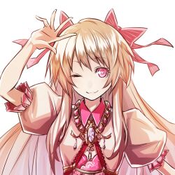 1girl ;3 blonde_hair breasts chaos_marie_(grimms_notes) cleavage cleavage_cutout closed_mouth clothing_cutout collar corset diamond_necklace frilled_corset frills grimms_notes hair_ribbon hana_grimms hand_up heart heart-shaped_pupils highres jewelry long_hair necklace one_eye_closed pink_collar pink_corset pink_ribbon puffy_short_sleeves puffy_sleeves ribbon shirt short_sleeves sidelocks simple_background solo symbol-shaped_pupils white_background white_shirt
