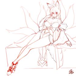 1girl 3gs ahoge animal_ear_fluff animal_ears ara_haan ara_haan_(celestial_fox) bare_shoulders barefoot between_legs blush breasts cleavage detached_collar elsword facial_mark fang fox_ears fox_tail frown full_body hand_on_own_face highres large_breasts long_hair long_sleeves looking_to_the_side looking_up monochrome multiple_tails shakti_(elsword) sitting sketch solo tail wide_sleeves