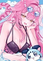 1girl :d absurdres animal_ears artist_name bikini black_choker blue_sky breasts chattino_(raora_panthera) choker cleavage cloud double-parted_bangs eyewear_on_head fangs head_on_hand highres hololive hololive_english large_breasts latiyao light_blush long_hair looking_at_viewer lying mini_eyewear multi-strapped_bikini_top multicolored_bikini multicolored_hair on_stomach open_mouth outdoors panther_ears panther_girl panther_print panther_tail pink_bikini pink_hair pink_nails raora_panthera raora_panthera_(holonatsu_paradise) sky smile solo streaked_hair swimsuit tail two-tone_bikini upper_body virtual_youtuber wet white_streaks yellow_eyes