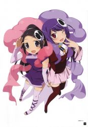 Rule 34 | 2girls, :d, ;d, absurdres, black hair, blush, breasts, choker, cleavage cutout, clothing cutout, detached sleeves, elysia de lute ima, eyelashes, forehead, full body, hagoromo, hair ornament, hand up, haqua d&#039;rot herminium, highres, holding hands, japanese clothes, juliet sleeves, kami nomi zo shiru sekai, kimono, long hair, long sleeves, looking at viewer, medium breasts, miniskirt, multiple girls, non-web source, obi, official art, one eye closed, open mouth, own hands clasped, own hands together, page number, pink skirt, ponytail, puffy sleeves, purple choker, purple eyes, purple hair, purple thighhighs, red eyes, red thighhighs, salute, sandals, sash, scan, scan artifacts, shadow, shawl, short kimono, simple background, skirt, skull hair ornament, sleeveless, sleeveless kimono, sleeves past wrists, small breasts, smile, swept bangs, thighhighs, toeless legwear, v, w, watanabe akio, white background, wide sleeves, zettai ryouiki