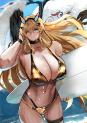 1girl abs absurdres animal bare_shoulders barghest_(fate) bikini blonde_hair blue_sky blush breasts cernunnos_(fate) cleavage collarbone fate/grand_order fate_(series) giant_snake gold_bikini green_eyes highres horns jikihatiman large_breasts long_hair looking_at_viewer muscular muscular_female navel oversized_animal sky snake solo_focus surfboard swimsuit thighs