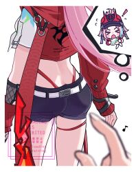 1girl ass asymmetrical_sleeves baseball_cap belt black_visor bridal_gauntlets fishnet_bridal_gauntlets from_behind hat horned_hat highres honkai:_star_rail honkai_(series) horned_hat jacket oyasuuu_m rappa_(honkai:_star_rail) red_arm_warmers red_jacket single_sleeve_past_wrist solo uneven_sleeves white_belt wrist_belt