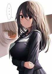 Rule 34 | ..., 1girl, absurdres, black hair, black sailor collar, black serafuku, black skirt, breasts, closed mouth, commentary request, gibagiba, hair between eyes, highres, kurai ano ko to shitai koto, large breasts, long hair, long sleeves, looking at viewer, neckerchief, orange eyes, sailor collar, sasaki touko, school uniform, serafuku, simple background, skirt, solo, spoken ellipsis, white background, white neckerchief