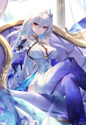 1girl bare_shoulders breasts crossed_legs dress elbow_gloves elphe feet_out_of_frame from_below genshin_impact gloves hair_ornament highres large_breasts long_hair looking_at_viewer looking_down pink_eyes purple_gloves purple_thighhighs signature sitting skirk_(genshin_impact) solo thighhighs white_dress white_hair