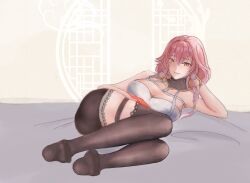 1girl black_thighhighs bohanqinyitou braid breasts changli_(wuthering_waves) cleavage feet full_body highres large_breasts legs long_hair looking_at_viewer lying no_shoes on_side pink_hair simple_background smile solo thighhighs white_background wuthering_waves