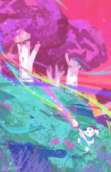 1other beret blue_shirt blue_shorts grass hat hill holding holding_paintbrush no_humans original outdoors paintbrush painterly pink_leaf pink_sky saturated scenery shirt shorts size_difference sky swirl white_tree zandra