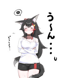 animal_ears arms_under_breasts bad_id bad_twitter_id closed_eyes crossed_arms highres hololive kani_bonara ookami_mio ookami_mio_(casual) ponytail shorts virtual_youtuber wolf_ears wolf_girl