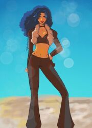 1girl blue_hair blue_sky blueberriena choker commentary cropped_jacket curly_hair english_commentary feet_out_of_frame fur-trimmed_jacket fur_trim gloves hand_on_own_hip highres jacket long_hair one_piece outdoors paula_(one_piece) red_lips sky solo twitter_username