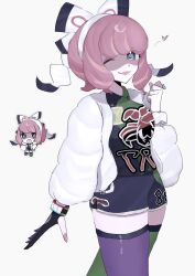 1girl absurdres alternate_eye_color blue_eyes bow bracelet breasts chibi chibi_inset drill_hair dynamax_band eyeshadow flipped_hair fur_jacket hair_bow hairband heart highres jacket jewelry klara_(pokemon) makeup medium_breasts mole mole_under_mouth nintendo one_eye_closed pink_eyeshadow pink_hair pink_lips pokemon pokemon_swsh print_shirt print_shorts ring shaded_face shirt short_hair shorts side_slit side_slit_shorts smile solo twin_drills two-tone_shirt two-tone_shorts two-tone_thighhighs white_bow white_hairband yon_(motomu22)