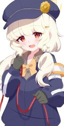 1girl absurdres aoba_(blue_archive) artist_name blue_archive blue_hat blue_jacket blush bow bowtie brown_shirt cabbie_hat commentary_request gloves grey_gloves grey_hair hair_ornament hairband hairclip halo hat highres holding holding_rope jacket long_hair looking_at_viewer open_mouth orange_bow orange_bowtie orange_hairband red_eyes rope shirt solo sweatdrop tawashi_(hoisassa) white_background yellow_halo