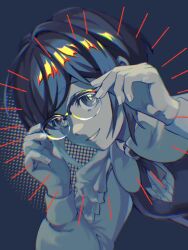 1girl blue_eyes blue_hair collared_shirt commentary_request dutch_angle frilled_shirt frilled_sleeves frills fukurai_azami glasses hands_on_eyewear hands_up limited_palette long_sleeves looking_at_viewer mkr_(wepn3428) shirt short_hair simple_background smile solo toshi_densetsu_kaitai_center upper_body white_shirt