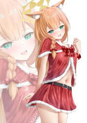 1girl :d alternate_costume alternate_hairstyle animal_ear_fluff animal_ears aqua_eyes arm_behind_back belt black_belt blue_archive blush bow bowtie braid c.u.wa capelet cat_ears cat_girl christmas clenched_hand commentary cowboy_shot double-parted_bangs fur-trimmed_capelet fur-trimmed_skirt fur_trim hair_bow hair_over_shoulder halo hand_up happy head_tilt highres long_hair looking_at_viewer mari_(blue_archive) miniskirt navel open_mouth orange_hair paid_reward_available plaid_bow plaid_bowtie plaid_clothes red_bow red_bowtie red_capelet red_skirt santa_costume side_braid simple_background single_braid skirt smile solo stomach straight_hair variant_set white_background wrist_bow yellow_halo zoom_layer
