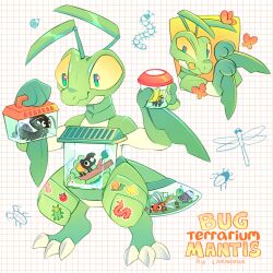 1other adoptable animal antennae beetle bug carnivox centipede claws colored_sclera colored_skin commentary digitigrade dragonfly english_commentary english_text furry furry_and_animal green_skin grid_background highres holding insect multiple_views original other_focus praying_mantis smile standing tail terrarium yellow_sclera