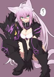 1girl animal_ears atalanta_(fate) atalanta_alter_(fate) black_footwear black_neckwear black_thighhighs blush breasts cat_ears cat_tail cleavage collar fate/grand_order fate_(series) fur-trimmed_legwear fur_trim gradient_hair green_eyes looking_at_viewer medium_breasts multicolored_hair nahu open_mouth purple_hair sidelocks solo squatting tail thighhighs