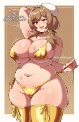 1girl arm_behind_head armpits beret bikini blush bow bready_(nikke) breasts brown_background brown_eyes brown_hair cameltoe choker cleavage english_text goddess_of_victory:_nikke gold_bikini gold_bow gold_choker gold_thighhighs hair_bow hair_intakes hair_over_shoulder hat huge_breasts kharon kharuart lips low_twintails medium_hair navel open_clothes open_mouth plump side-tie_bikini_bottom smile solo standing sweat swimsuit thick_thighs thighhighs thighs twintails undressing untied_bikini untied_bikini_bottom white_hat wide_hips