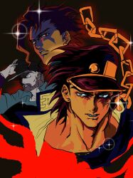 3boys beard black_hat blue_shirt brown_hair chain commentary earrings facial_hair gakuran gold_chain green_eyes grey_hair hat high_collar highres jewelry jojo_no_kimyou_na_bouken joseph_joestar joseph_joestar_(old) kakyoin_noriaki kepi kuujou_joutarou male_focus military_hat multiple_boys parted_lips school_uniform shirt sparkle stardust_crusaders stardust_crusaders_(ova) stud_earrings worker_17287