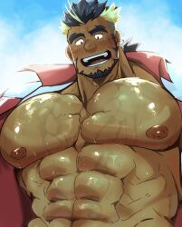 1boy abs bara beard blue_sky blush cloud commentary_request earrings facial_hair highres jacket jewelry kaeru333938123 kiloc_(live_a_hero) live_a_hero looking_down male_focus multicolored_hair muscular muscular_male nipples open_clothes open_jacket open_mouth pectorals sky smile upper_body wet