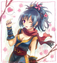 1girl blue_hair blue_kimono blush breasts cherry_blossoms cleavage commentary_request cowboy_shot crescent crescent_pin folded_ponytail hair_ornament hair_stick heart japanese_clothes kimono looking_at_viewer medium_breasts medium_hair ninja ninja_(ragnarok_online) obi one_eye_closed open_mouth pinwheel_hair_ornament ragnarok_online red_sash red_scarf sash scarf smile solo spoken_heart yakka
