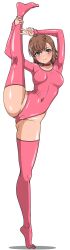 Rule 34 | 1girl, ass, asymmetrical bangs, athletic leotard, breasts, brown eyes, brown hair, cameltoe, closed mouth, covered navel, flexible, frozen gingasan, full body, gluteal fold, hair ornament, hairpin, highleg, highleg leotard, highres, holding own leg, leg lift, leotard, looking at viewer, medium hair, misaka mikoto, pink leotard, pink thighhighs, small breasts, smile, split, standing, standing on one leg, standing split, thighhighs, tiptoes, toaru kagaku no railgun, toaru majutsu no index, v, white background