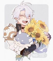 1boy antenna_hair armor black_choker black_gloves black_shirt border bouquet chimera_(honkai:_star_rail) choker closed_eyes coat commentary_request creature fingerless_gloves flower gloves highres holding holding_bouquet holding_creature honkai:_star_rail honkai_(series) male_focus outside_border pauldrons phainon_(honkai:_star_rail) shirt short_hair shoulder_armor single_pauldron solo sunflower umimomomomo watermark white_border white_coat white_hair