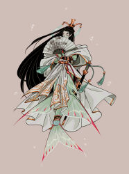 1boy absurdres air_bubble alternate_species bamboo_print black_hair bracer brown_background bubble chinese_clothes chinese_hairpin colored_skin commentary eyeliner facial_mark fins fmd folding_fan forehead_mark full_body gold_trim green_hanfu green_robe green_skin green_theme hair_bun hand_fan hanfu hashtag-only_commentary highres holding holding_fan huadian jewelry long_hair long_sleeves looking_at_viewer makeup male_focus merman monster_boy red_eyeliner renzha_fanpai_zijiu_xitong ribboned_xiao_guan robe shen_qingqiu simple_background solo sword tail tail_ornament tassel very_long_hair weapon wide_sleeves xiao_guan_(headdress) zuiyin