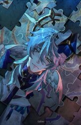 Rule 34 | 1boy, black shirt, closed mouth, commentary, feathered wings, grey hair, hair between eyes, halo, halo behind head, head wings, highres, honkai: star rail, honkai (series), jacket, looking at viewer, male focus, medium hair, moonya, piercing, puzzle, puzzle piece, shirt, solo, sunday (honkai: star rail), symbol-only commentary, upper body, white jacket, white wings, wing piercing, wings, yellow eyes