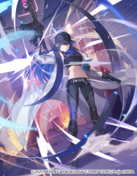 1girl baseball_cap blue_archive blue_halo buckle chest_harness coat halo harness hat highres navel no_mask official_art saori_(blue_archive) shirt sig_516 sig_sauer sleeveless sleeveless_shirt snap-fit_buckle solo white_coat wixoss yuko_(uc_yuk)