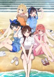 5girls :d barefoot black_hair blonde_hair blouse blue_eyes blue_hairband blue_ribbon blue_shirt blue_shorts blush bow braid breasts brown_eyes brown_hair closed_mouth collared_shirt commentary_request cover cover_image cover_page hair_between_eyes hairband highres kanojo_okarishimasu legs long_hair looking_at_viewer lower_teeth_only medium_breasts mizuhara_chizuru multiple_girls nanami_mami official_art one_eye_closed open_mouth outdoors pink_eyes pink_shirt pink_skirt red_eyes red_hair ribbon sakurasawa_sumi sarashina_ruka second-party_source selfie shirt short_hair shorts side_braid sitting skirt smile teeth textless_version water white_shirt wing_collar yaemori_mini