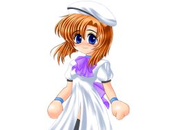 1girl beret black_thighhighs blue_eyes bow bowtie bracelet breasts closed_mouth dress eyes_visible_through_hair game_cg hair_between_eyes hat higurashi_no_naku_koro_ni jewelry large_variant_set light_smile medium_breasts multiple_bracelets no_nose orange_hair parted_bangs purple_bow purple_bowtie ryukishi07 ryuuguu_rena short_hair short_sleeves thighhighs variant_set white_dress white_hat