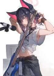 1girl absurdres adjusting_hair amplifier armpits arms_up bare_arms bass_guitar betabeet black_choker black_collar black_mask blue_archive blue_hair blush choker clothes_around_waist collar colored_inner_animal_ears colored_inner_hair electric_bass_guitar extra_ears fender_jazz_bass halo highres holding holding_bass_guitar holding_instrument instrument jacket jacket_around_waist kazusa_(band)_(blue_archive) kazusa_(blue_archive) looking_at_viewer mask mask_pull microphone microphone_stand midriff mouth_mask multicolored_hair navel pink_eyes pink_halo print_shirt shirt short_sleeves solo stomach sweat sweatband sweatdrop t-shirt tied_shirt