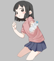 Rule 34 | 1girl, black eyes, black hair, blunt ends, blush, bottle, commentary request, cropped legs, grey background, gyunre, highres, looking at viewer, nose blush, original, parted lips, pleated skirt, shirt, short hair, short sleeves, skirt, solo, sweat, t-shirt, water bottle