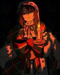 11230kingyo 1boy absurdres ascot bell black_background bow bowtie brown_eyes brown_hair candlestand christmas_nightmare_(e.g.o) closed_mouth collared_shirt e.g.o_(project_moon) facial_hair fur-trimmed_shawl fur_trim green_shawl gregor_(project_moon) hair_down hat highres holding_candlestand limbus_company looking_at_viewer male_focus medium_hair one_eye_closed plaid_clothes plaid_shawl project_moon shawl shirt simple_background solo striped_bow striped_bowtie striped_clothes upper_body white_ascot white_hat