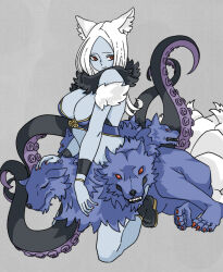 Rule 34 | 1girl, animal ears, black shoes, blue skin, bracelet, breasts, cerberus, cleavage, colored skin, dog ears, fur collar, grey background, jewelry, kneeling, large breasts, monster girl, multiple heads, nikakukei0, red eyes, scylla, scyllei, shinrabanshou, shoes, solo, strapless, tail, tentacles, tube top, white hair, white tail, wolf