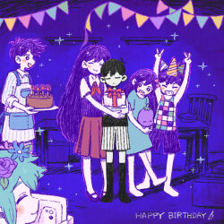 2girls 4boys apron aubrey_(headspace)_(omori) aubrey_(omori) barefoot basil_(headspace)_(omori) basil_(omori) birthday_cake black_hair black_socks black_tank_top blue_shirt blush bow bright_pupils brother_and_sister brothers cake camera candle closed_eyes closed_mouth collared_shirt colored_skin double-parted_bangs expressionless flower food green_hair grin hair_bow happy_birthday hat head_wreath hero_(headspace)_(omori) hero_(omori) holding holding_camera holding_plate holding_stuffed_toy hug_from_side kel_(headspace)_(omori) kel_(omori) kneehighs long_hair long_shirt long_sleeves looking_at_another mari_(headspace)_(omori) mari_(omori) mr._plantegg_(omori) multiple_boys multiple_girls neckerchief omori omori_(omori) open_mouth pajamas party_hat pink_bow plate pleated_skirt purple_eyes purple_hair purple_shoes purple_shorts purple_sweater_vest red_neckerchief red_skirt revision shirt shoes short_hair short_sleeves shorts siblings skirt sleeves_rolled_up smile socks striped_clothes striped_shorts stuffed_eggplant stuffed_toy sun_iiinu sweater_vest tank_top teeth upper_teeth_only vertical-striped_clothes vertical-striped_shorts white_pupils white_shirt white_shorts white_skin