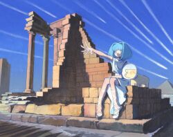 1girl aqua_eyes aqua_hair blue_eyes blue_hair brick brick_wall cross-laced_footwear dog dress hair_intakes hand_on_own_knee highres medium_hair no_mouth original outstretched_arm outstretched_hand pastel_(medium) pet pet_cone pillar pyramid_(structure) reaching ruins seasideiiii shoes sitting sleeveless solo traditional_media white_dress white_shoes