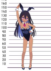 1girl absurdres animal_ear_hairband animal_ears black_hair black_shoes breasts cheating_(competitive) cleavage colored_inner_hair commentary dark-skinned_female dark_skin detached_collar english_commentary fake_animal_ears full_body hairband height_chart highleg highleg_leotard highres leotard long_hair medium_breasts multicolored_hair necktie ogaoekaki original playboy_bunny purple_eyes purple_hair rabbit_ears rabbit_tail red_necktie shoes smile solo strapless strapless_leotard tail wrist_cuffs