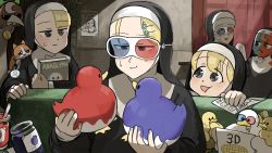 3d_glasses 5girls :&lt; :d ^_^ animal animal_on_shoulder baby_animal bird blonde_hair blue_eyes blueberry_jam book brown_eyes brown_hair cat cheek_press chicken closed_eyes clumsy_nun_(diva) commentary corn couch crying crying_with_eyes_open curtains diva_(hyxpk) drawing_(object) drooling duck duckling english_commentary facepaint flower freckles froggy_nun_(diva) grey_hair habit hair_flower hair_ornament hairclip handkerchief hanging_plant heterochromatic_eyewear highres holding holding_animal holding_bird ink_stamp_sheet jam jar little_nuns_(diva) medal mole mole_on_cheek motion_blur multiple_girls nun open_mouth ostrich poster_(object) sheep_nun_(diva) slice_of_life smile spicy_nun_(diva) strawberry_jam strict_nun_(diva) sweatdrop tears tinted_eyewear traditional_nun yellow_eyes