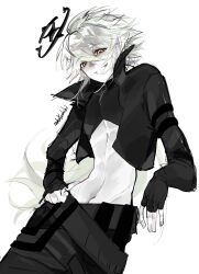 1boy absurdres aotu_world artist_name belt bishounen black_belt black_gloves black_jacket black_pants black_shirt bluetrhb crop_top cropped_jacket fingerless_gloves gloves green_hair grin groin hair_between_eyes halo hand_on_own_hip high_collar highres jacket long_hair long_sleeves looking_at_viewer low_ponytail male_focus midriff monochrome multicolored_eyes navel pants parted_lips pointy_ears ponytail red_eyes shirt simple_background sketch smile solo stomach underpec white_background xander_(aotu_world) yellow_eyes