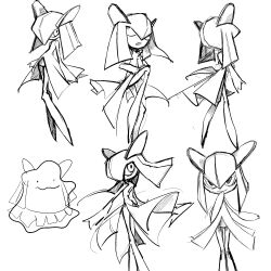._. 1girl closed_eyes closed_mouth ditto female_focus flat_chest from_behind full_body gen_1_pokemon gen_3_pokemon greyscale hair_between_eyes hand_to_own_mouth hand_up happy highres kirlia leg_up looking_at_viewer looking_back looking_to_the_side monochrome multiple_views nintendo open_mouth pokemon pokemon_(creature) sidelocks simple_background sketch smile snowygold_wolf standing u_u wavy_mouth white_background