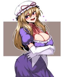 1girl :d blonde_hair blush bow breasts choker cleavage commentary contrapposto cowboy_shot dress elbow_gloves english_commentary eyebrows_hidden_by_hair eyelashes formicid frills gloves hair_between_eyes hair_bow hair_ribbon happy hat hat_ribbon heart huge_breasts long_hair looking_at_viewer mob_cap neck_ribbon open_mouth outline purple_dress purple_eyes red_bow red_choker red_ribbon ribbon ribbon_choker sidelocks simple_background smile solo sweat touhou tress_ribbon very_long_hair white_background white_gloves white_outline yakumo_yukari